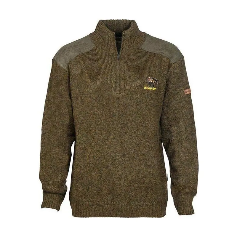 Pull chasse brodé col cheminée Kaki